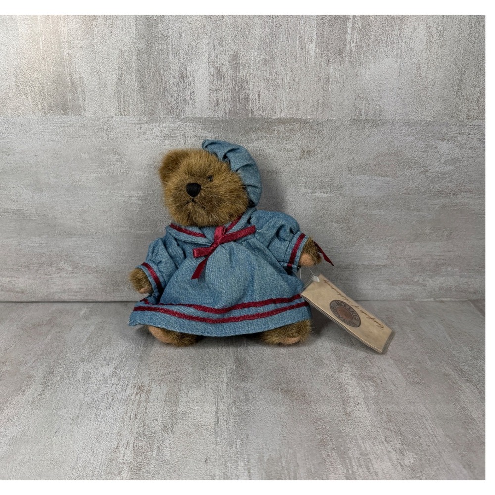 Russ Berrie Vintage Collection Penelope Teddy Bear Blue Denim Dress Hat 6 inch